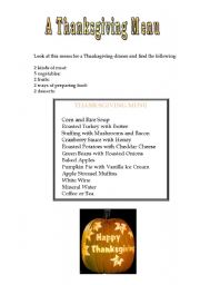 English Worksheet: Thanksgiving Menu