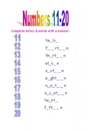 English Worksheet: Numbers 11-20 - letters completing