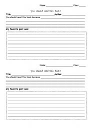 English worksheets: Book Recommendation Page