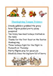 English Worksheet: thanksgiving tongue twisters