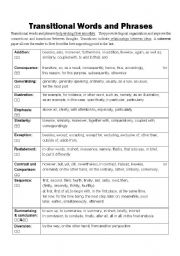 English Worksheet: transitional words and phrases