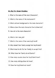 English worksheet: My Big Fat  Wedding questions