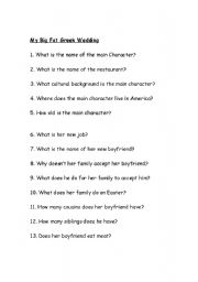 English Worksheet: My Big Fat  Wedding questions