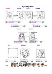 English Worksheet: Work Sheet - My Family Tree - Names and hair/eye colour