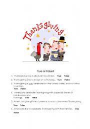 English Worksheet: Thanksgiving...True False