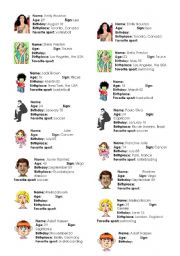 English Worksheet: PROFILES (name, age, sign, birthday, birthplace, favorite sport)