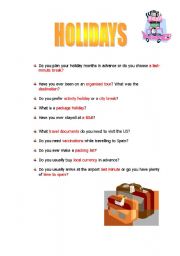 English worksheet: Holidays - speaking + vocabulary 