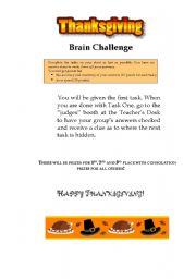 English Worksheet: Thanksgiving Brain Challenge