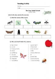 English worksheet: The Very Quiet Cricket - Reading worksheet