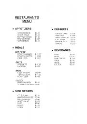 English worksheet: restaurant menu