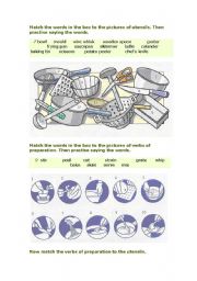 English Worksheet: Kitchen utensils and verbs