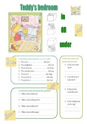 English Worksheet: Teddys bedroom. In, on, under.