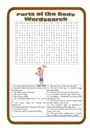 English Worksheet: Parts of the body Wordsearch - intermediate 