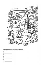 English Worksheet: Toys (colouring and vocabulary)