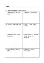 English Worksheet: Furniture & Prepositions in a house