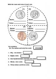 English Worksheet: coins, bills, 10 dollar bill, 1 dollar bill, 5 dollar bill, 50 dollar bill, 20 dollar bill