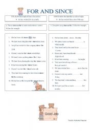 English Worksheet: For and Since