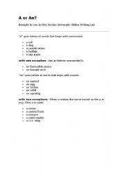 English worksheet: A/AN WORKSHEET EXPLANATION AND EXERCISES