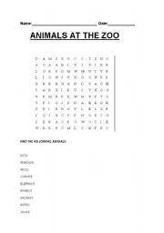 English worksheet: ANIMALS AT THE ZOO - WORD SEARCH