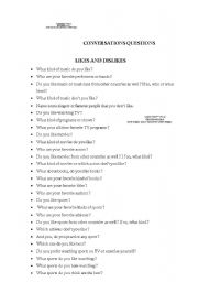 English worksheet: conversation questions likes/dislikes