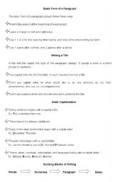 English worksheet: writing guidelines, the form of a paragraph