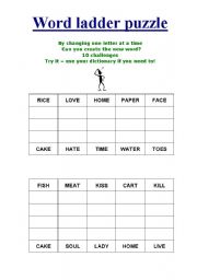 English worksheet: Word ladder puzzle (ten puzzles)