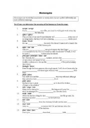 English Worksheet: Homonyms