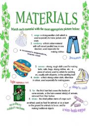 English Worksheet: MATERIALS: silk, denim, corduroy, etc. + KEY