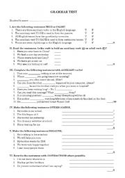English Worksheet: Grammar Test - Auxiliary verbs and Parts of speech