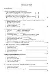 English worksheet: Grammar Test - Auxiliary verbs and Parts of speech