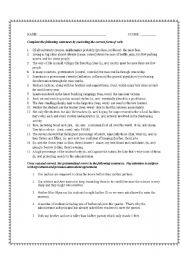 English Worksheet: Subject-Verb and Pronoun-Antecedent Agreement Quiz