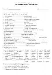 English Worksheet: Test on verb patterns