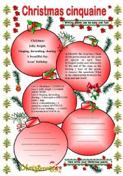 English Worksheet: Christmas Cinquain (creative writing)