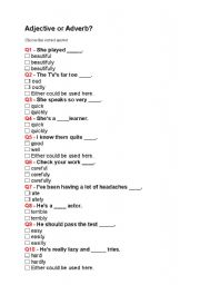 English Worksheet: adj or adv quiz