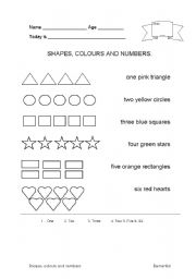 English Worksheet: Shapes, colours and numbers