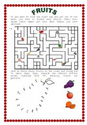 English Worksheet: fruits: a maze and dot-to-dot