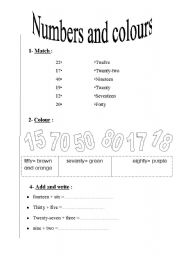 English worksheet: numbers and colours