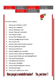 English Worksheet: Present Simple-Have got: short answers