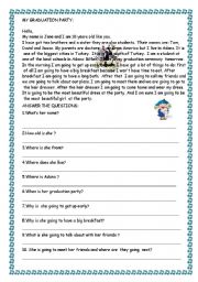 English Worksheet: WHAT IS SHE GOING  TO DO  BEFORE HER GRADUATION PARTY
