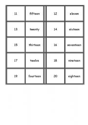 English worksheet: Dominoes - Numbers from 11 to 20
