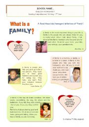 English Worksheet: What is a Family Anyway? - Reading Comprehension + Writing for 6/7th graders