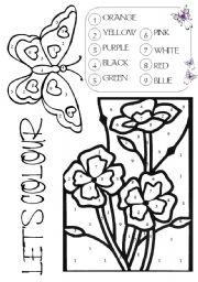 English Worksheet: Colour by number: Butterfly & Flowers