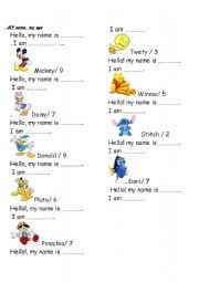 English Worksheet: My name, my age WITH  DISNEY 