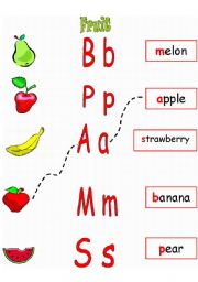 English Worksheet: For Very Young Learners...Fruit word and first sound recognition