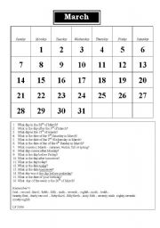 English Worksheet: Learning dates and days - Calender