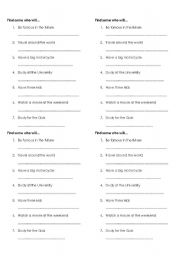 English Worksheet: Find someone who will