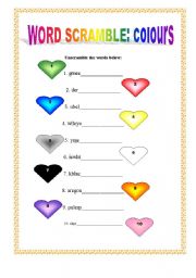 English Worksheet: word scramble: colours