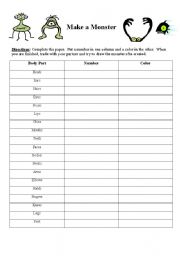 English Worksheet: Make a Monster: Body Parts and Colors