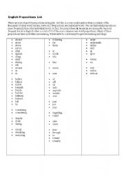 English worksheet: Preposition List