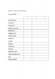 English worksheet: Questionnaire about likes and dislikes